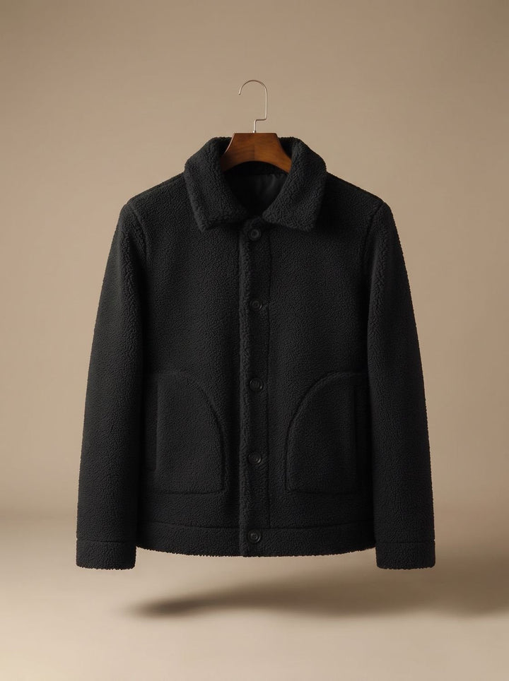 Herren Übergangsjacke aus Sherpa-Fleece mit Knöpfen in Schwarz