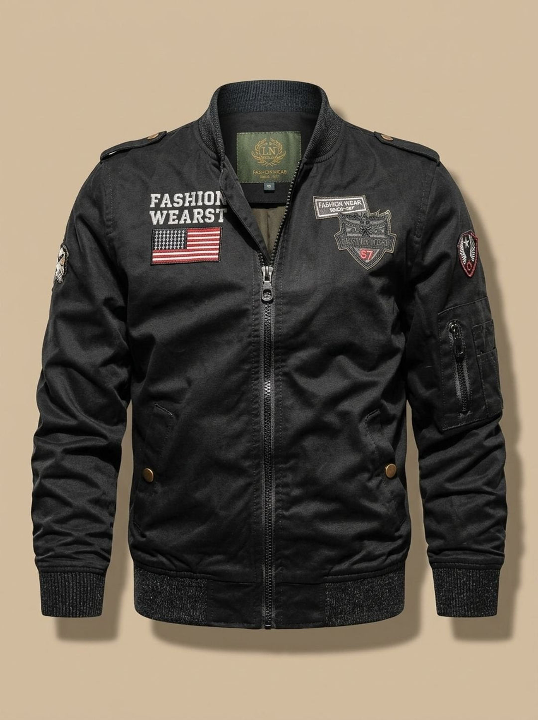 Herren Übergangsjacke im Bomber-Schnitt mit Military-Patches in Schwarz