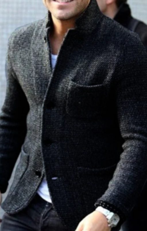 Herren Übergangsjacke Wollmischung Stehkragen Business-Casual in Schwarz