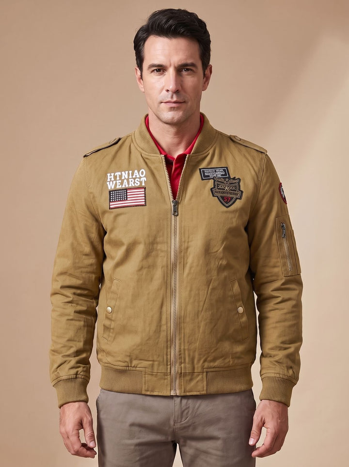 Herren Übergangsjacke Zip-Up mit Military-Patches in Dark Khaki