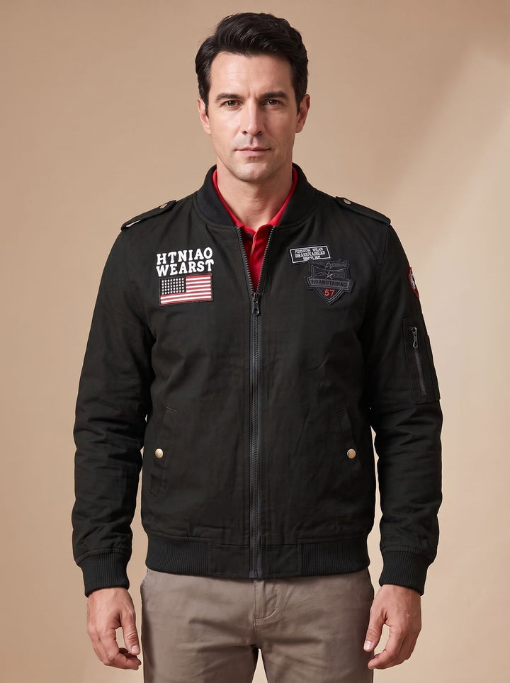 Herren Übergangsjacke Zip-Up mit Military-Patches in Schwarz
