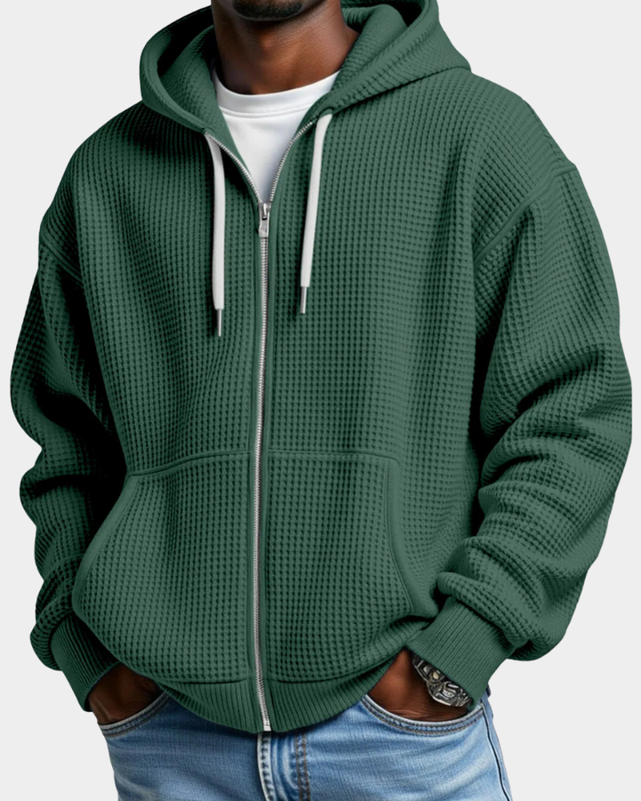 Herren Waffelstrick Rucksack-Hoodie mit Reißverschluss in Armeegrün
