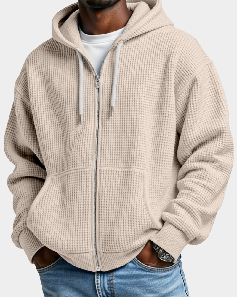 Herren Waffelstrick Rucksack-Hoodie mit Reißverschluss in Beige