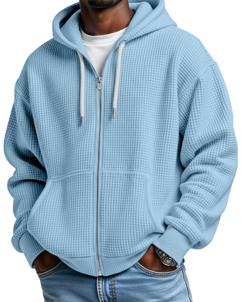 Herren Waffelstrick Rucksack-Hoodie mit Reißverschluss in Blau