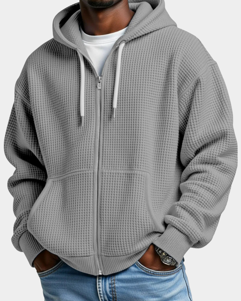 Herren Waffelstrick Rucksack-Hoodie mit Reißverschluss in Grau