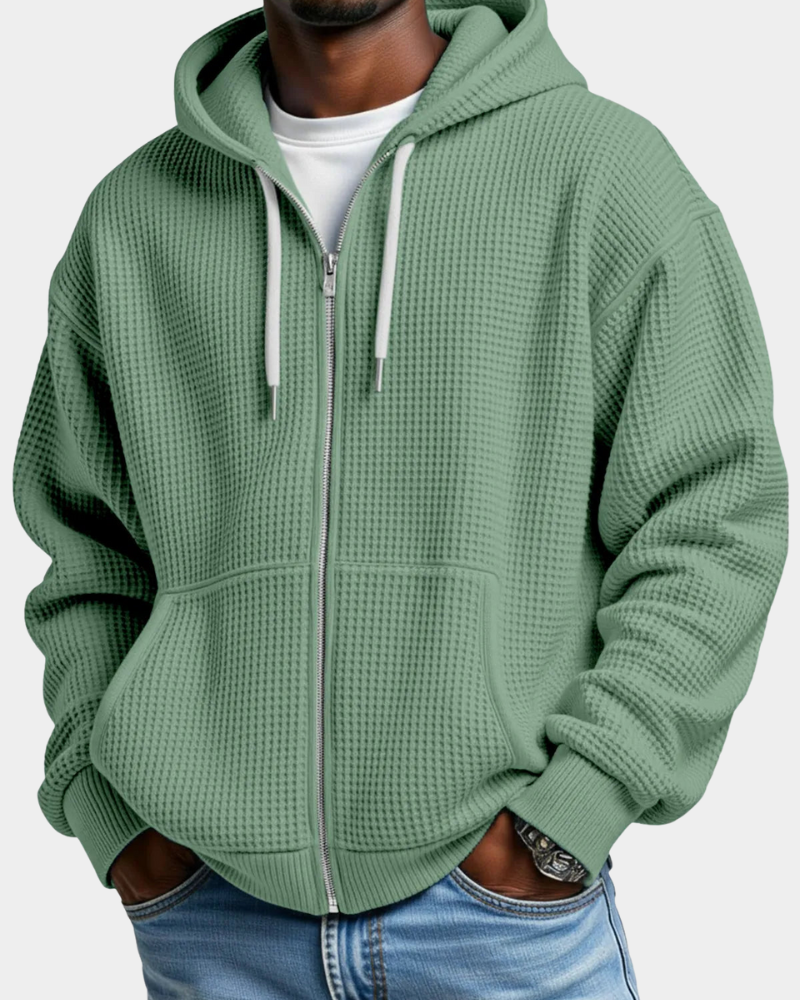 Herren Waffelstrick Rucksack-Hoodie mit Reißverschluss in Grün
