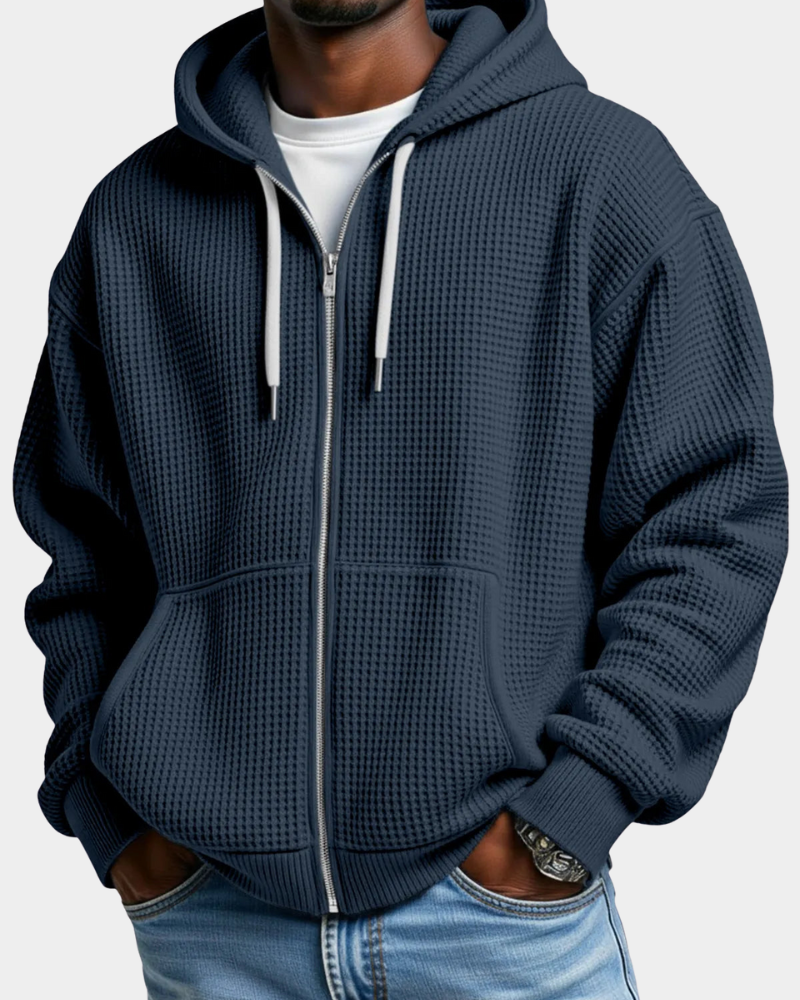 Herren Waffelstrick Rucksack-Hoodie mit Reißverschluss in Marineblau