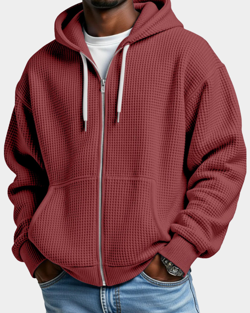 Herren Waffelstrick Rucksack-Hoodie mit Reißverschluss in Rot