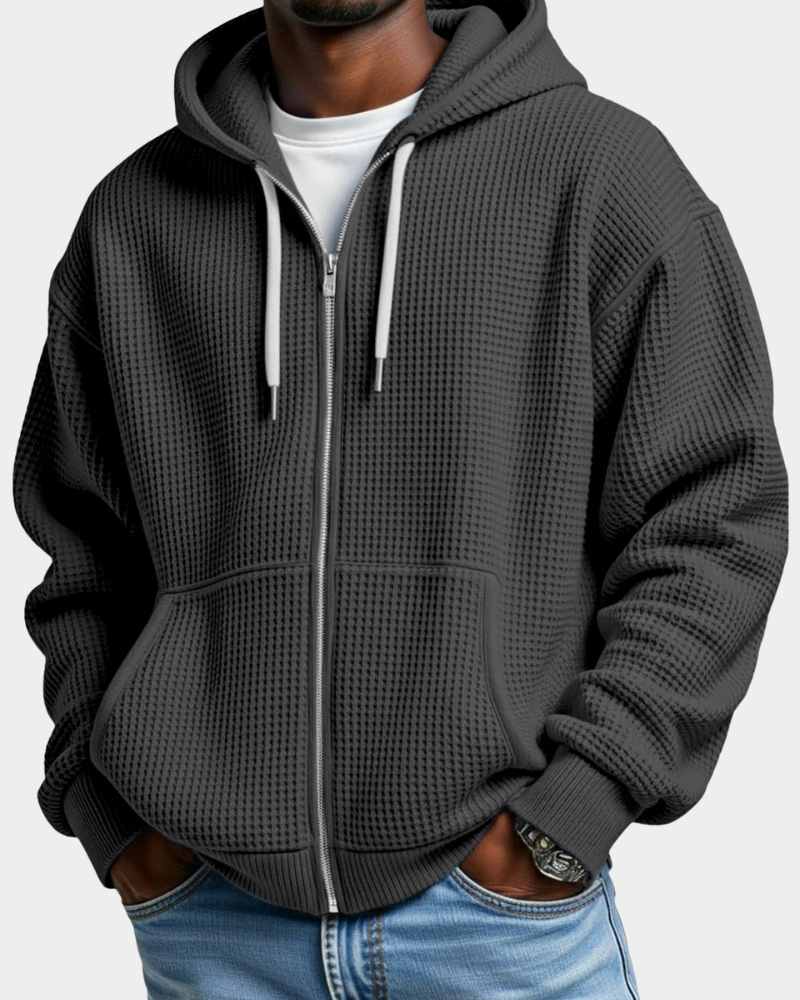 Herren Waffelstrick Rucksack-Hoodie mit Reißverschluss in Schwarz