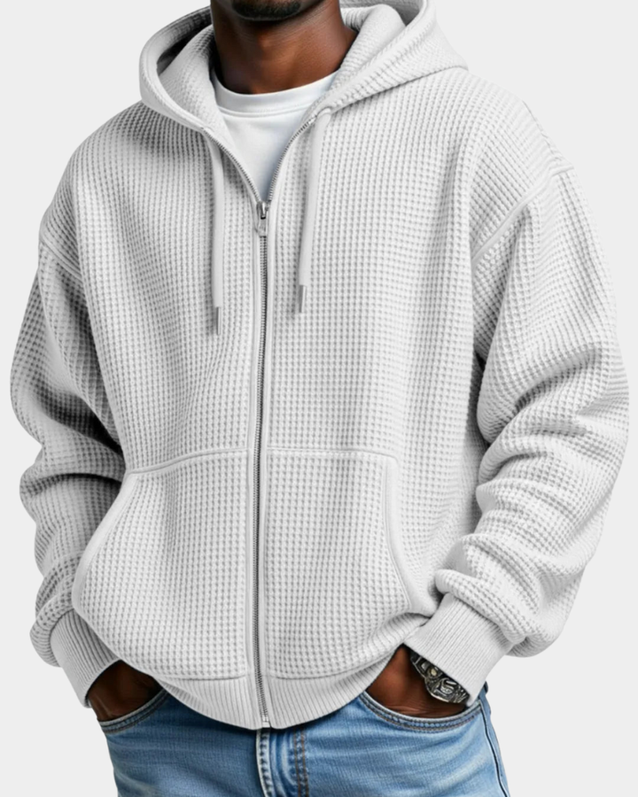 Herren Waffelstrick Rucksack-Hoodie mit Reißverschluss in Weiß