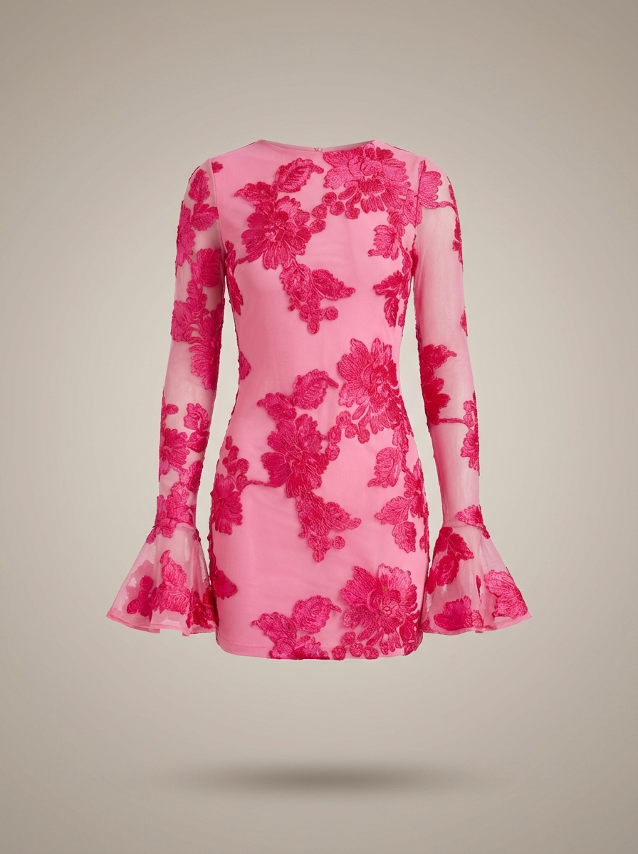 Jurk Dames Aansluitend Bloemenprint Flare Mouwen (4)