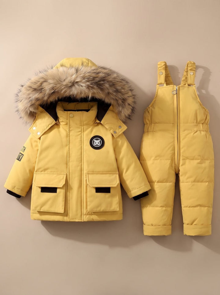 Kinder Schneeanzug Winterjacke Set mit Faux-Fur Kapuze in Gelb