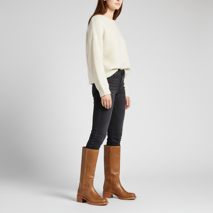 Klassische Damen Hochschaft Lederstiefel zum Herbst in Braun