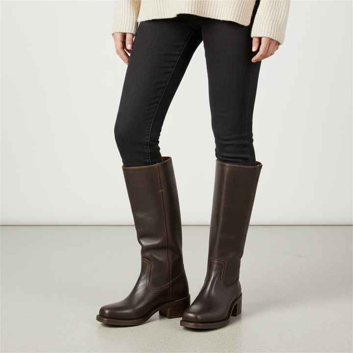 Klassische Damen Hochschaft Lederstiefel zum Herbst in Dunkelbraun