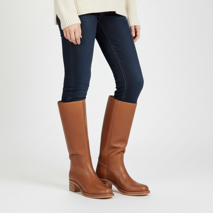 Klassische Damen Hochschaft Lederstiefel zum Herbst in Hellbraun