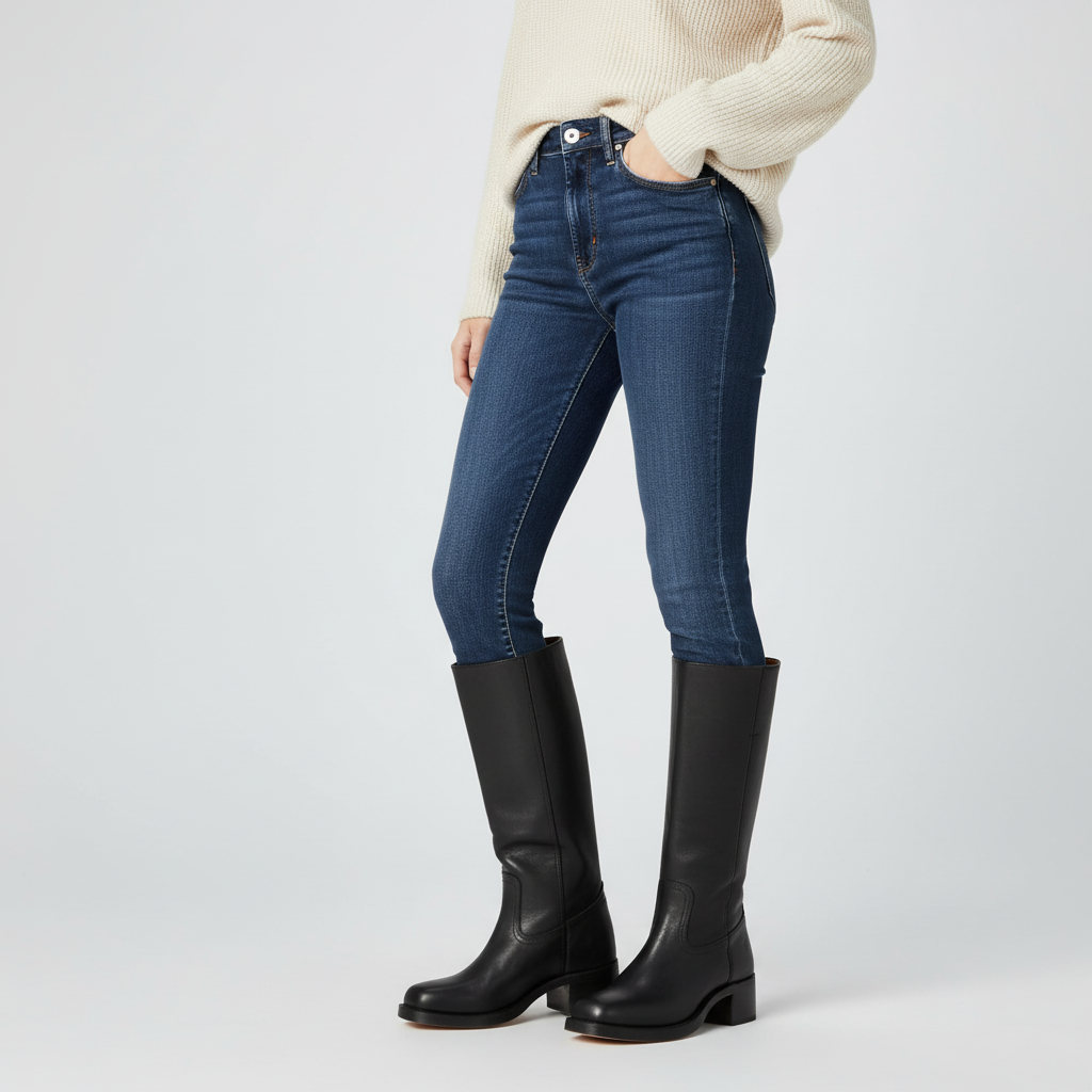 Klassische Damen Hochschaft Lederstiefel zum Herbst in Schwarz