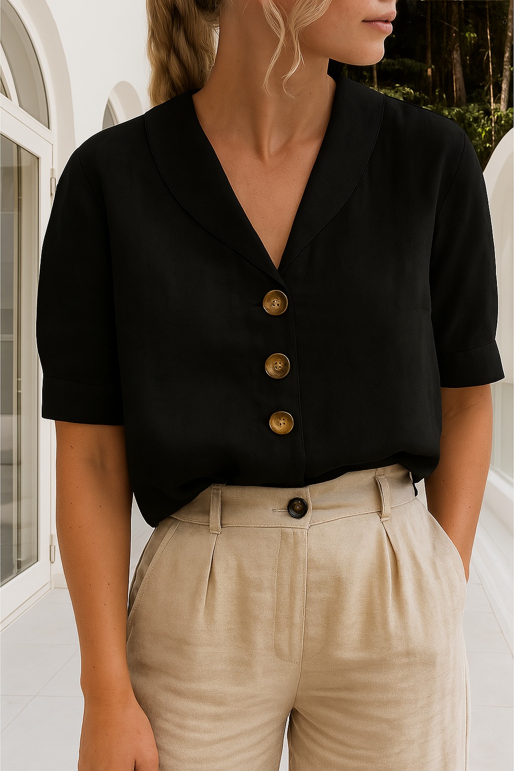 Klassische Damen Leinenbluse für den Sommer in Schwarz