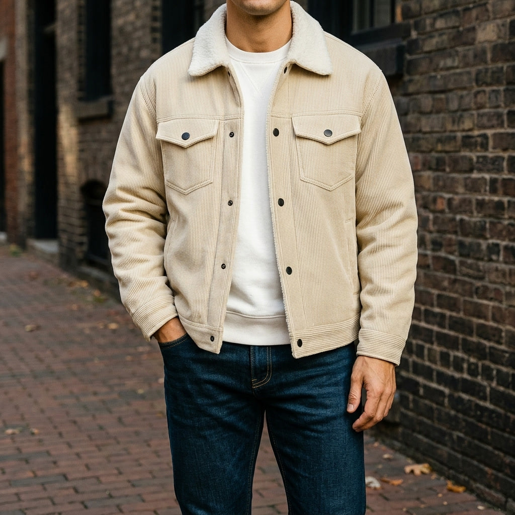 Klassische Herren-Winterjacke aus Kordstoff zum Schichten in Creme 2