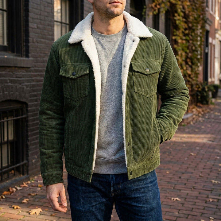 Klassische Herren-Winterjacke aus Kordstoff zum Schichten in Grün 2