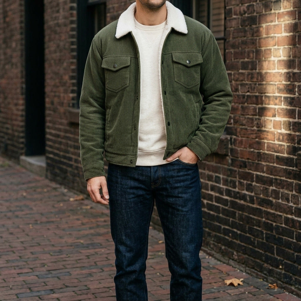 Klassische Herren-Winterjacke aus Kordstoff zum Schichten in Grün 5