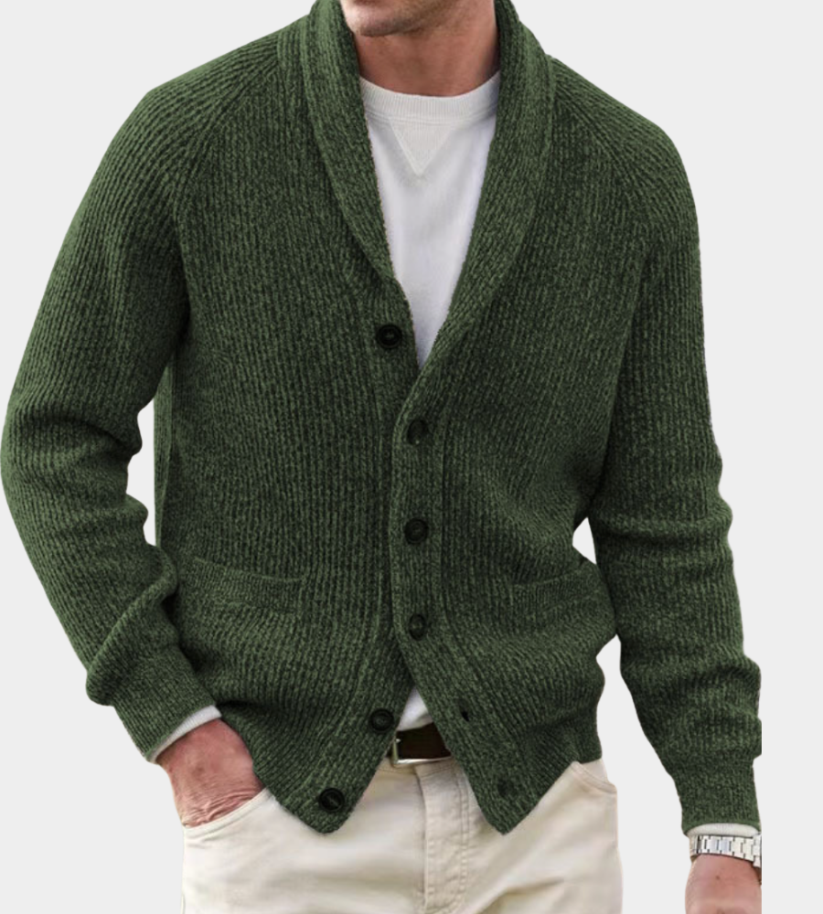 Klassische strukturierte Herren Strickjacke für Herbst in Armeegrün