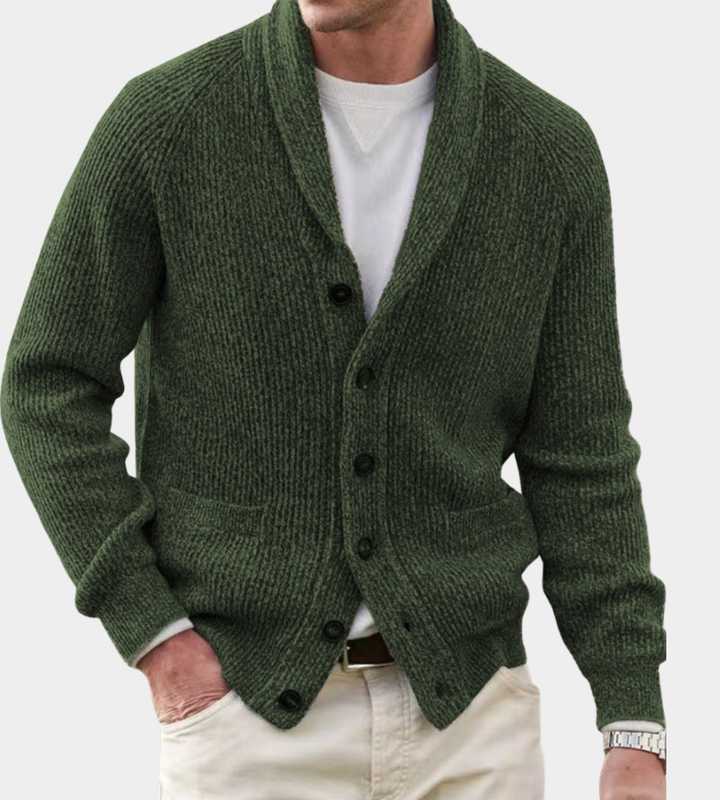 Klassische strukturierte Herren Strickjacke für Herbst in Armeegrün