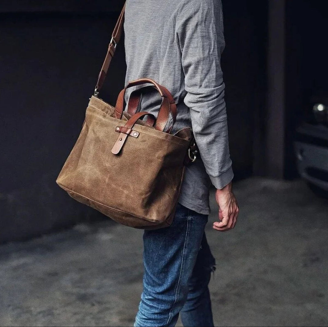 Klassische wasserdichte Wachstuch-Tasche mit Lederbesatz (3)