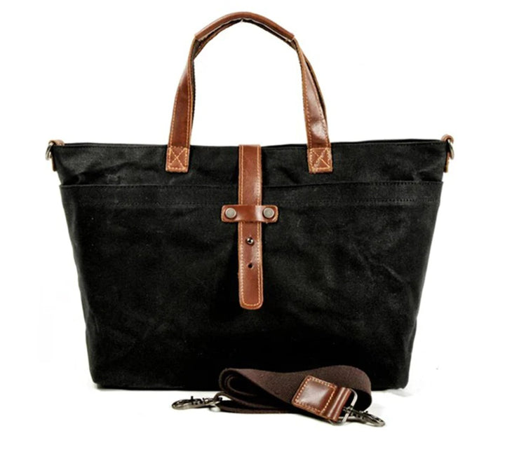 Klassische wasserdichte Wachstuch-Tasche mit Lederbesatz in Hard coal mine