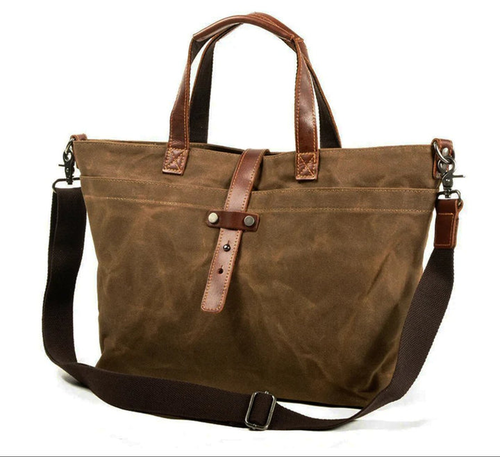 Klassische wasserdichte Wachstuch-Tasche mit Lederbesatz in Tobacco leaf