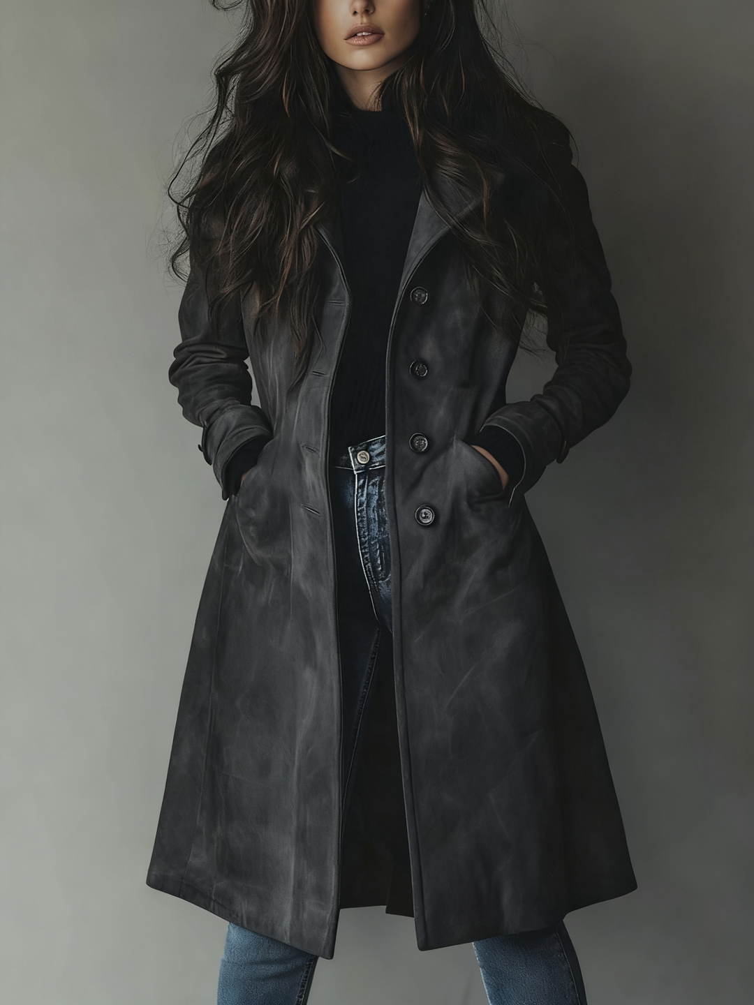 Klassischer Damen Wintermantel im Trenchcoat-Stil in Dunkelgrau