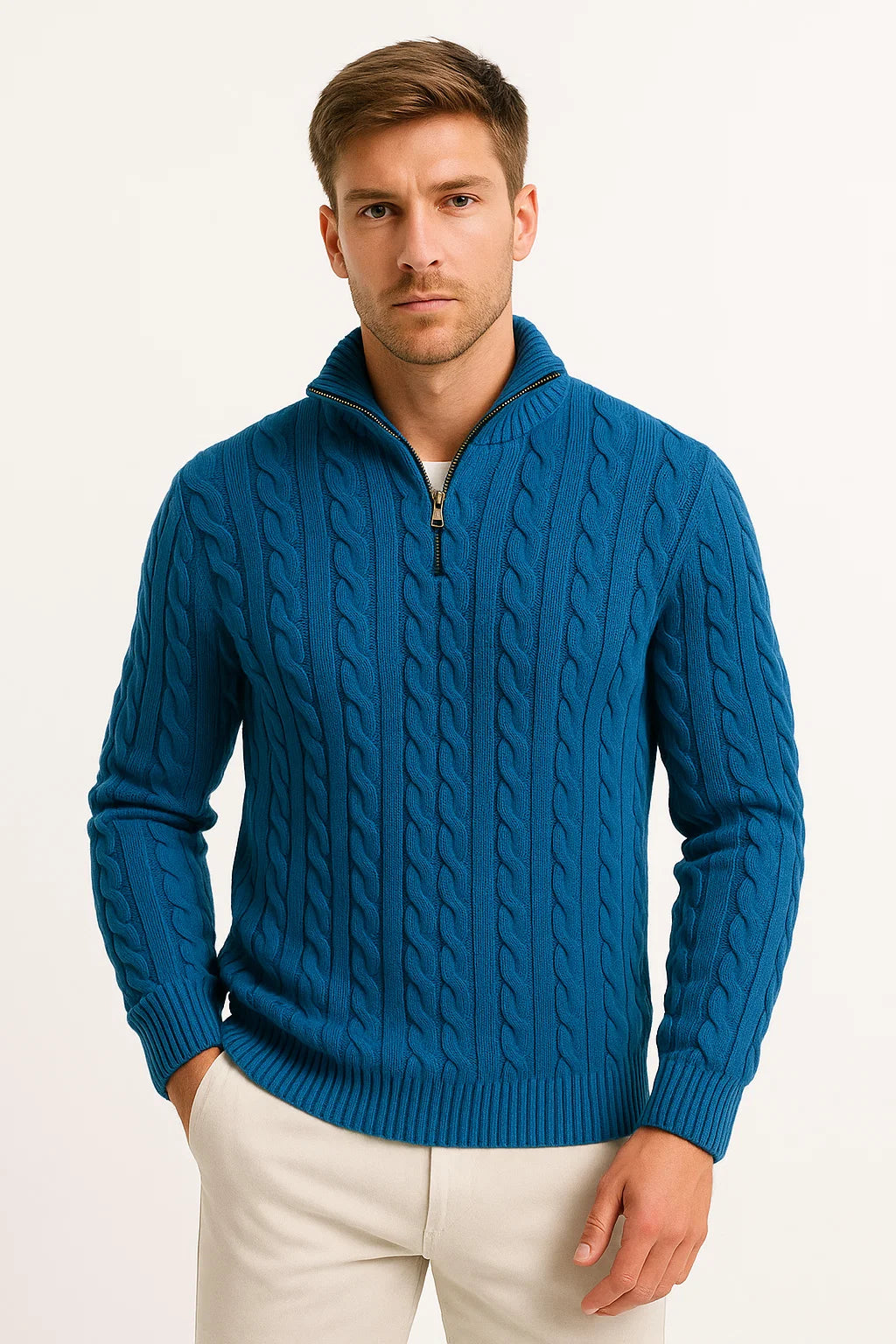 Klassischer Herren Pullover mit Zopfmuster und Reißverschluss in Dunkelpetrol