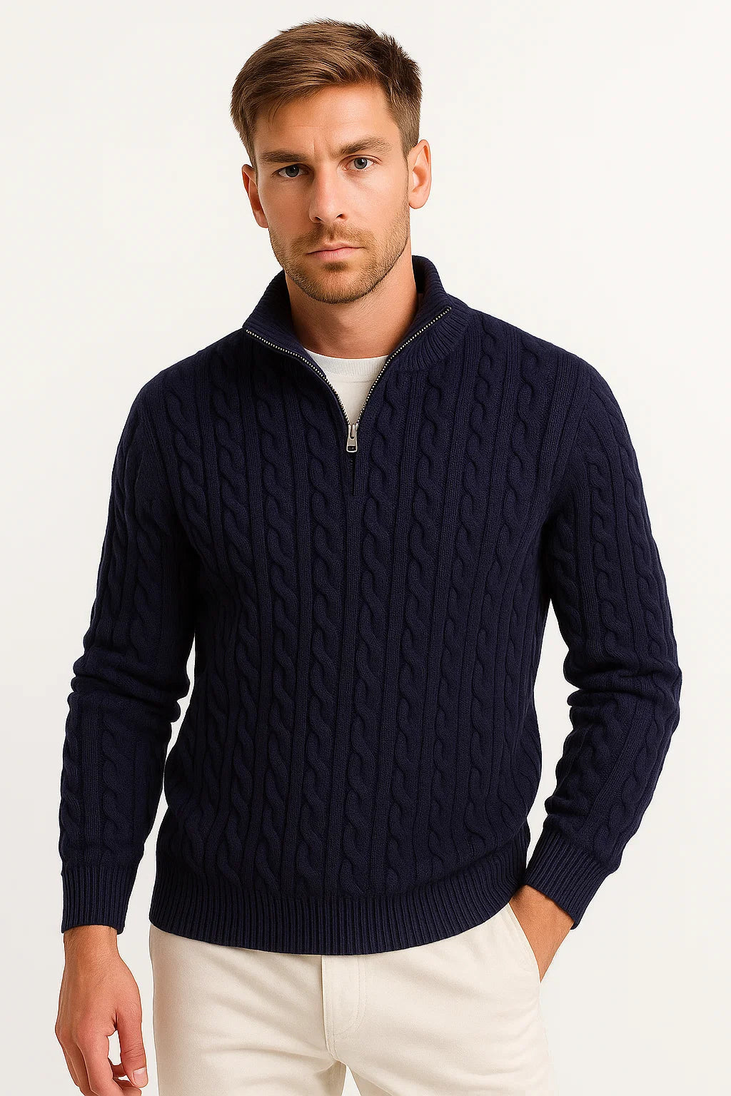 Klassischer Herren Pullover mit Zopfmuster und Reißverschluss in Marineblau