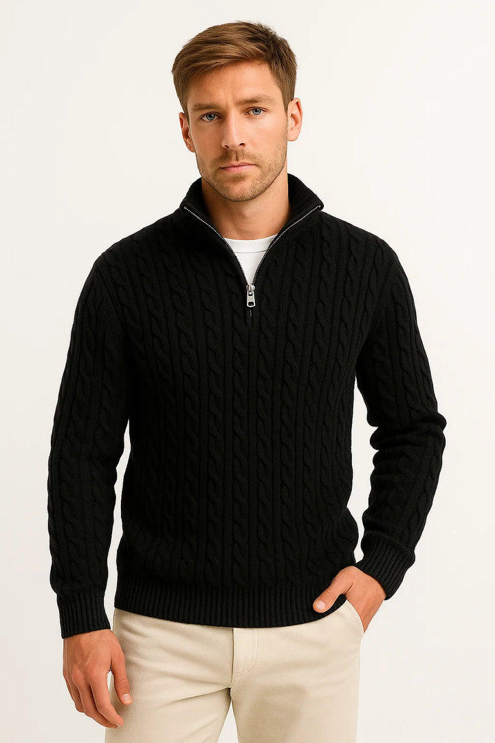 Klassischer Herren Pullover mit Zopfmuster und Reißverschluss in Schwarz 1