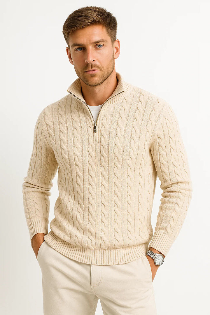 Klassischer Herren Pullover mit Zopfmuster und Reißverschluss in Vanillebeige
