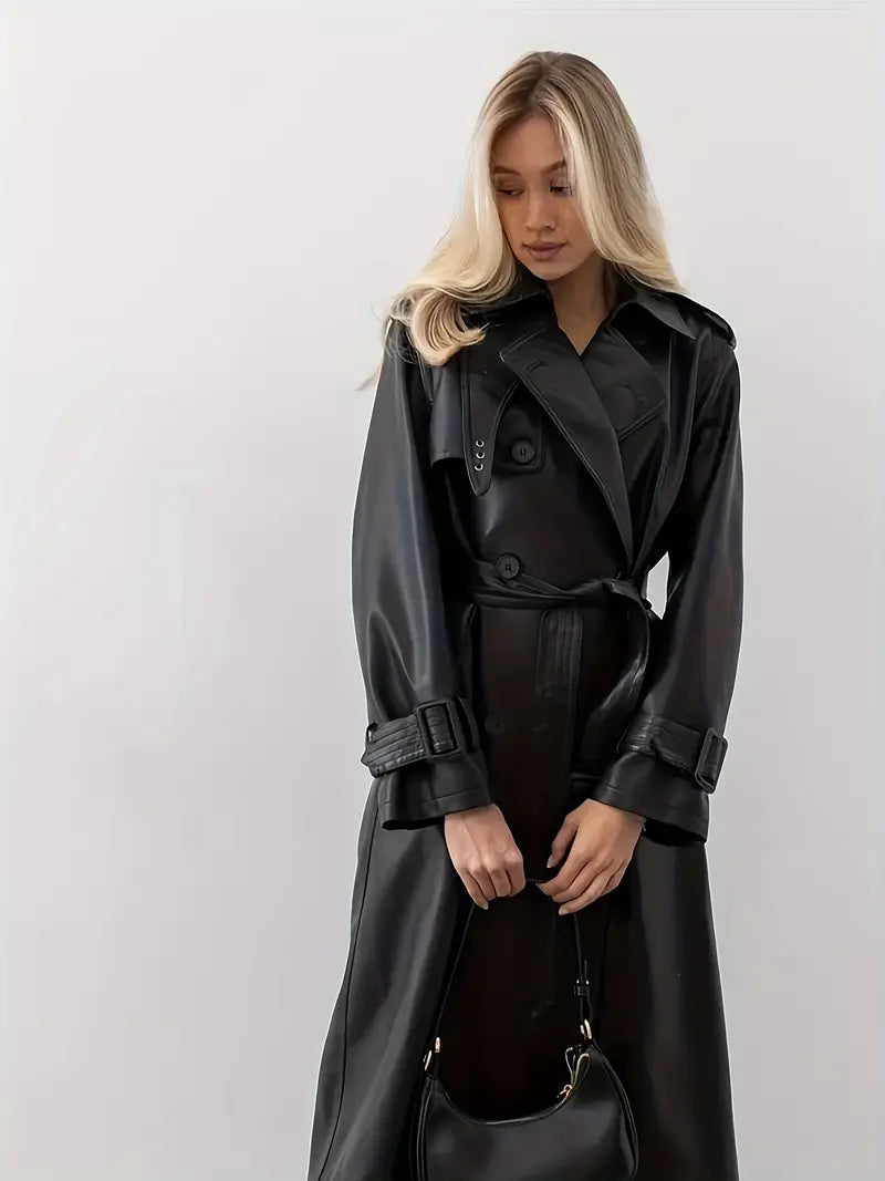 Klassischer Kunstleder-Trenchcoat mit Taillenbetonung für Damen (2)