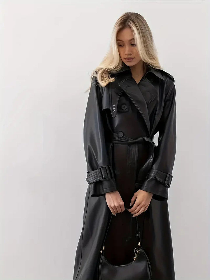 Klassischer Kunstleder-Trenchcoat mit Taillenbetonung für Damen (2)