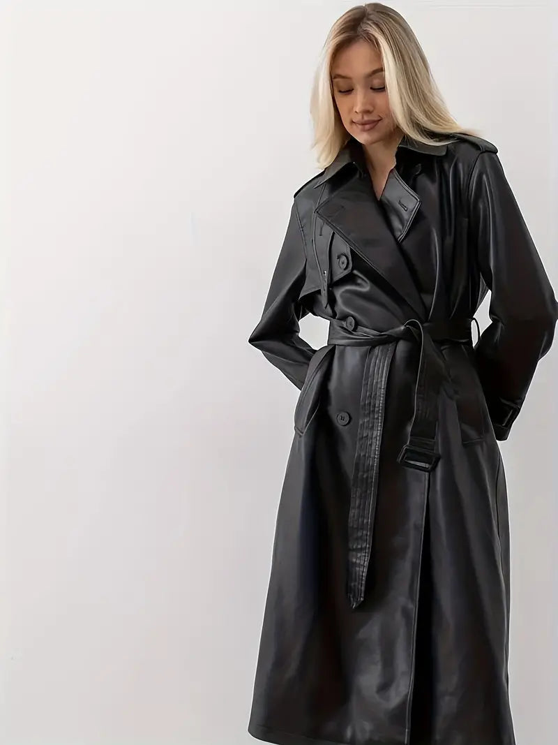 Klassischer Kunstleder-Trenchcoat mit Taillenbetonung für Damen (3)
