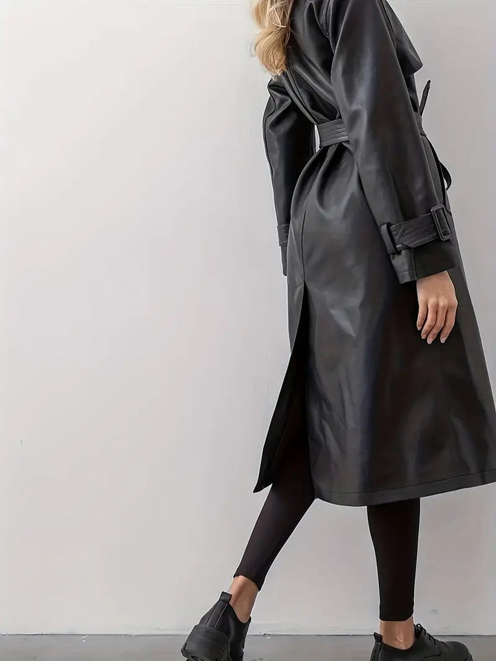 Klassischer Kunstleder-Trenchcoat mit Taillenbetonung für Damen (4)