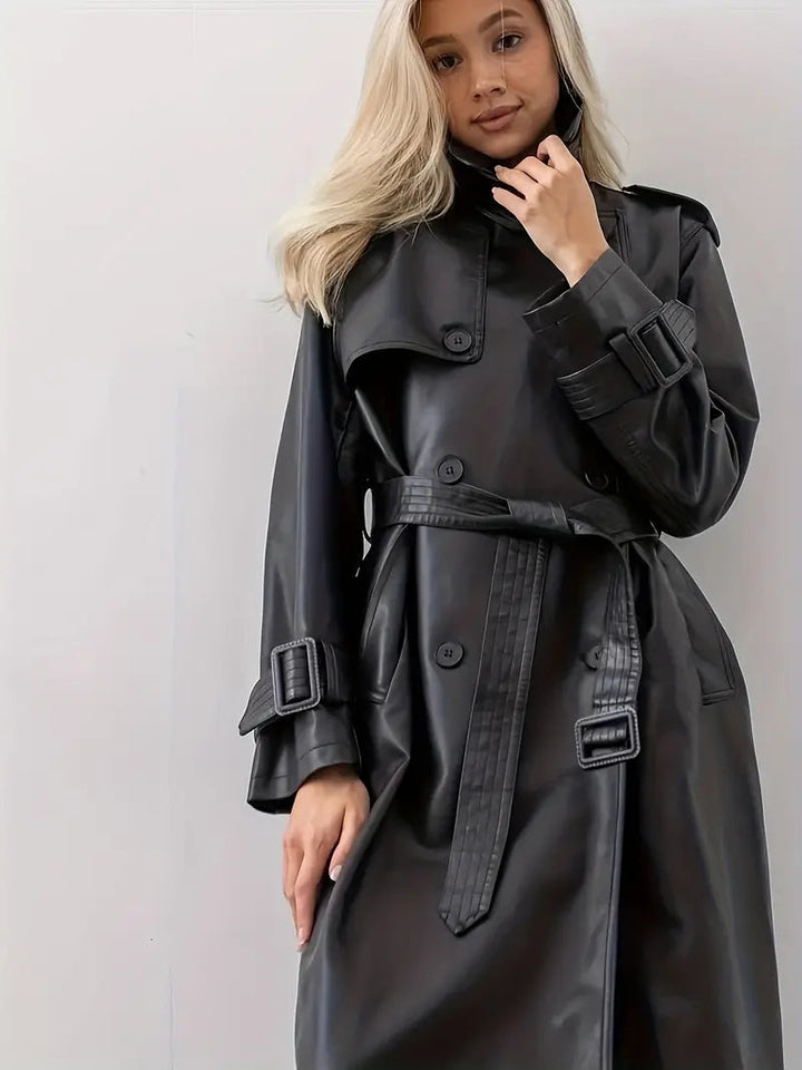 Klassischer Kunstleder-Trenchcoat mit Taillenbetonung für Damen (5)