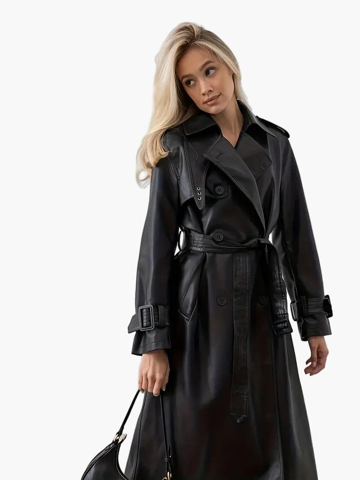 Klassischer Kunstleder-Trenchcoat mit Taillenbetonung für Damen in Schwarz