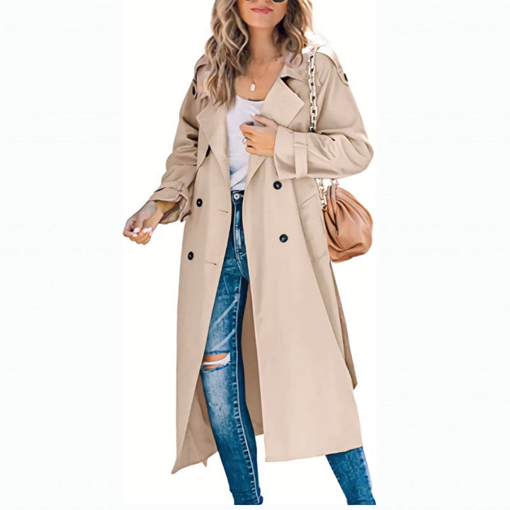 Klassischer langer Damen-Trenchcoat für Übergänge in Khaki