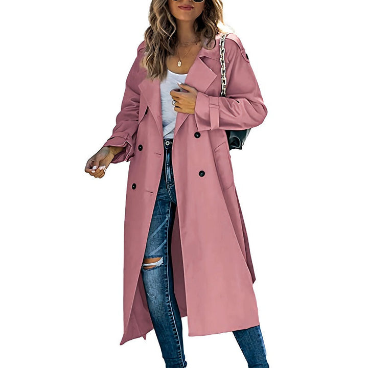 Klassischer langer Damen-Trenchcoat für Übergänge in Rosa