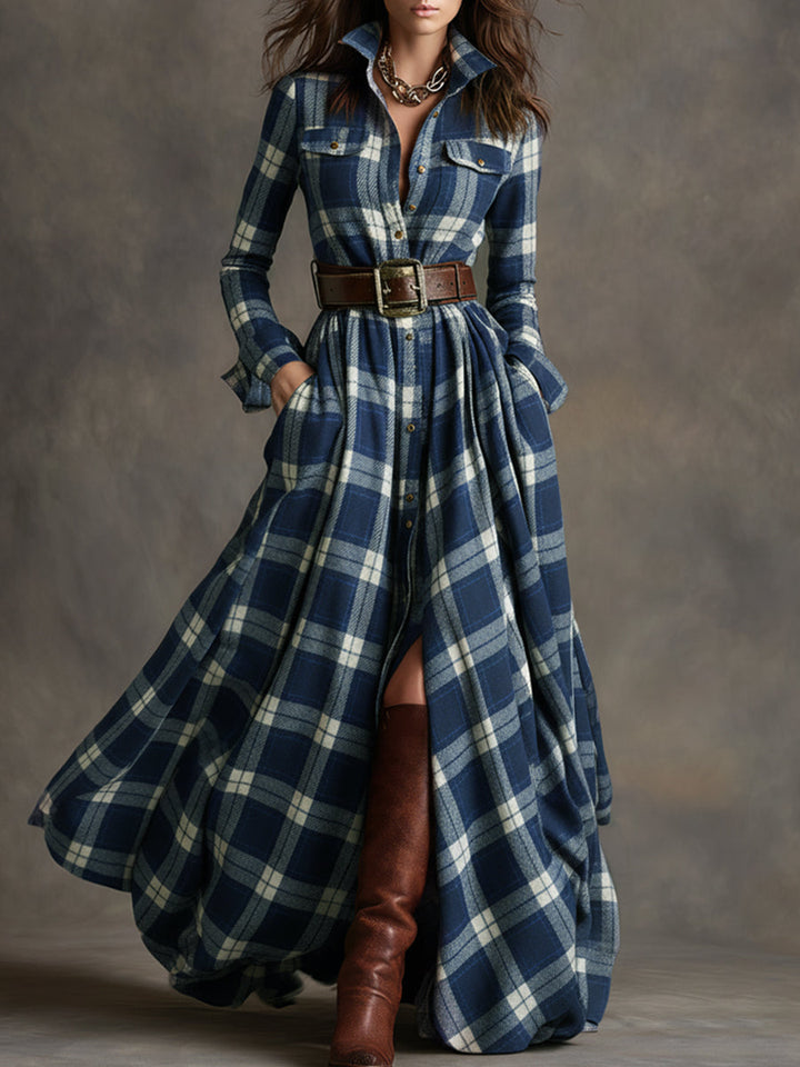 Klassisches Damen Abendkleid mit Karomuster in Blau