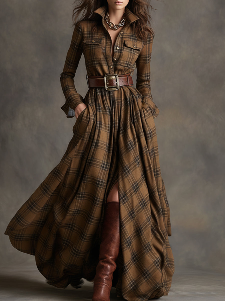 Klassisches Damen Abendkleid mit Karomuster in Braun