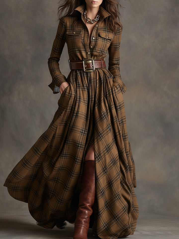 Klassisches Damen Abendkleid mit Karomuster in Braun