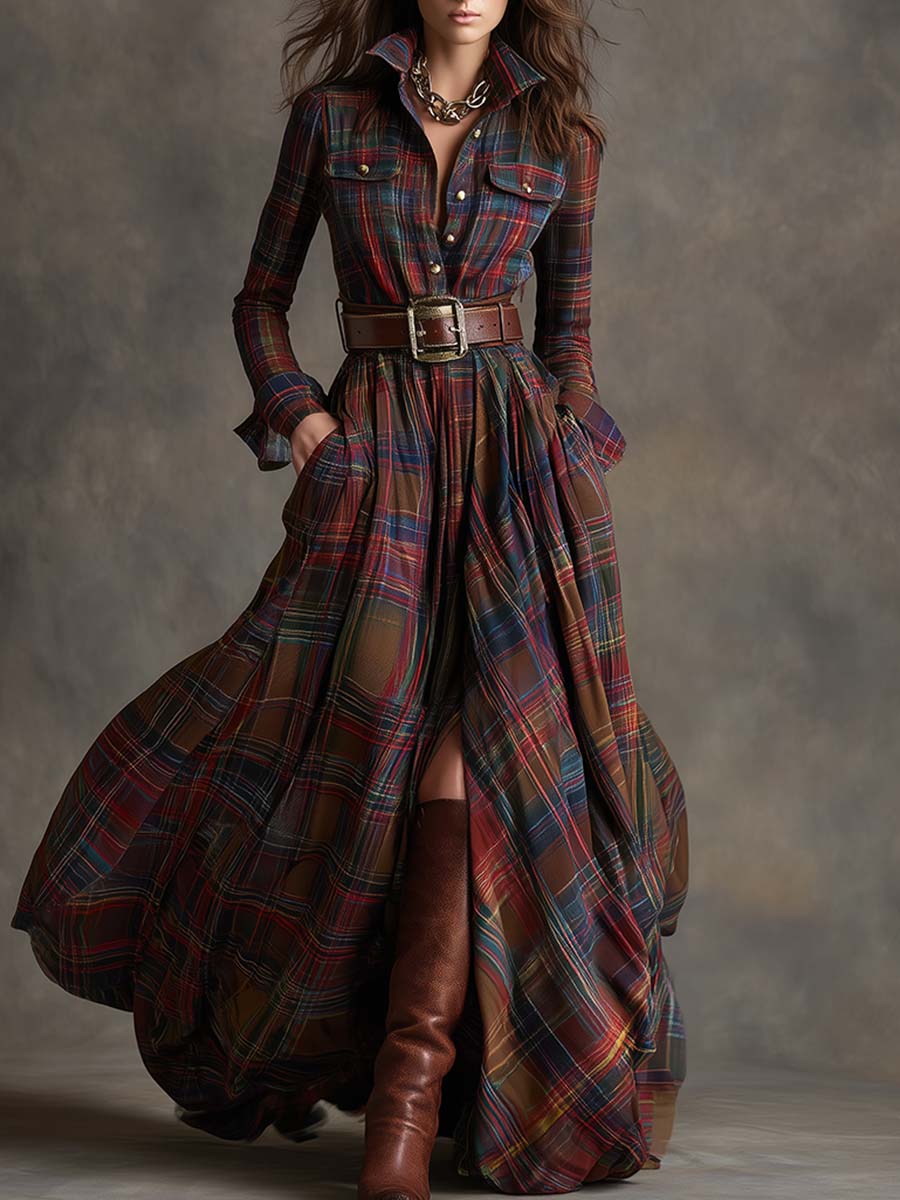 Klassisches Damen Abendkleid mit Karomuster in Rötlich Braun