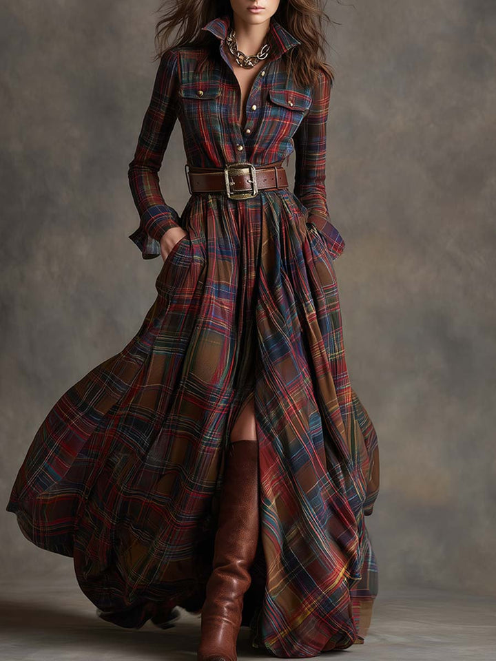 Klassisches Damen Abendkleid mit Karomuster in Rötlich Braun