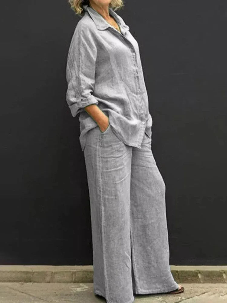 Klassisches Damen Leinen Set mit Bluse und Hose in Grau