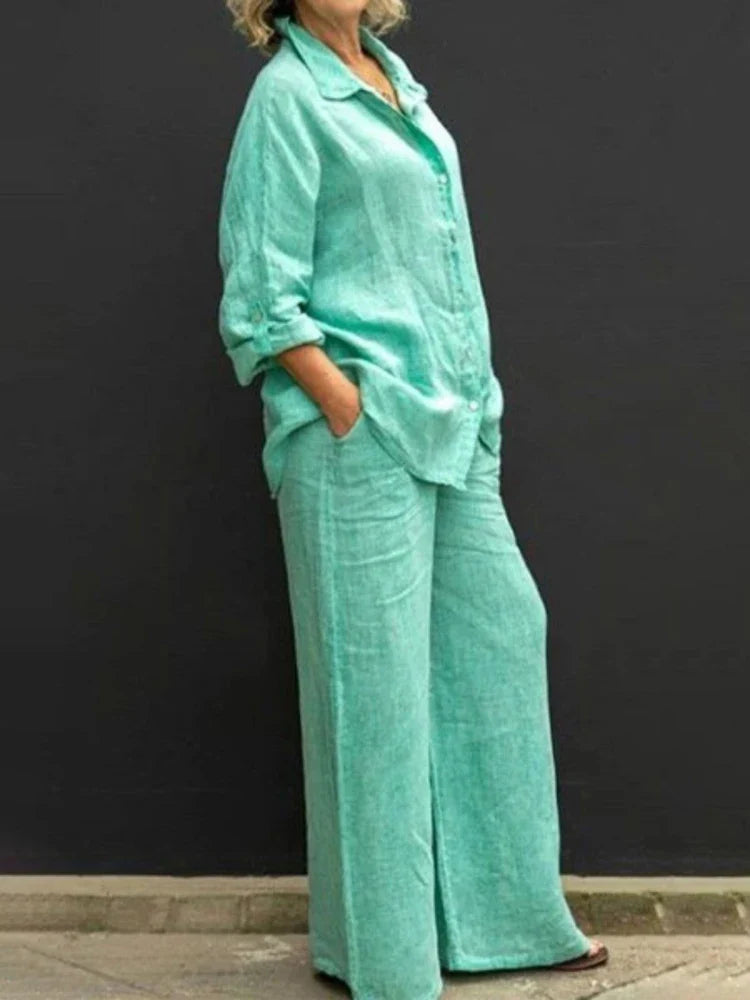 Klassisches Damen Leinen Set mit Bluse und Hose in Hellgrün