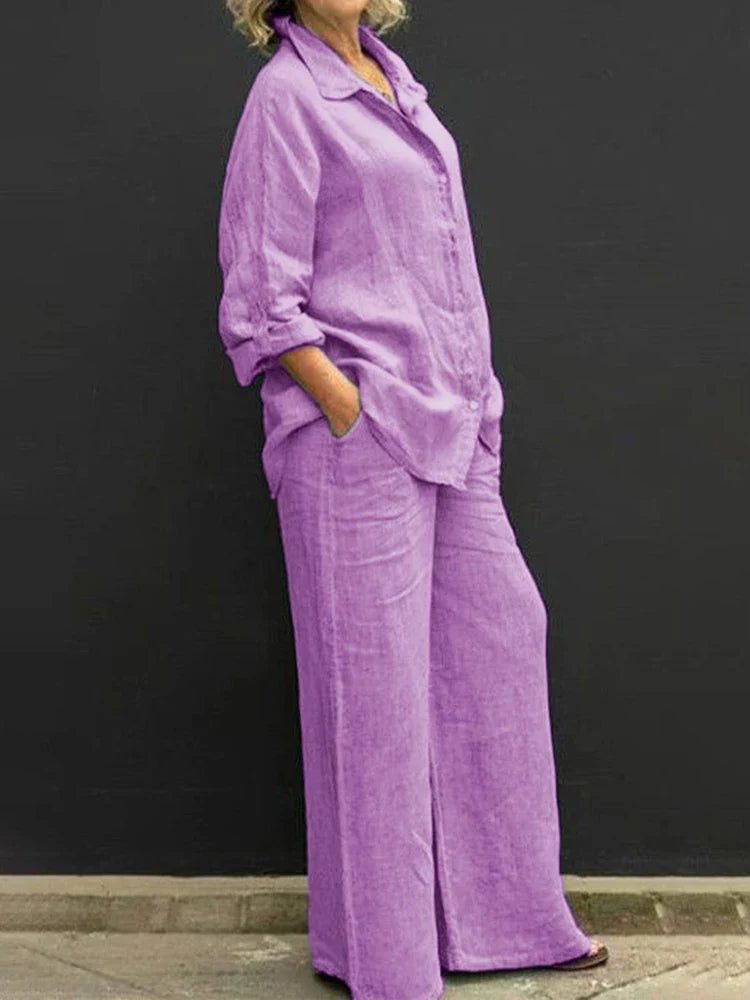 Klassisches Damen Leinen Set mit Bluse und Hose in Lila